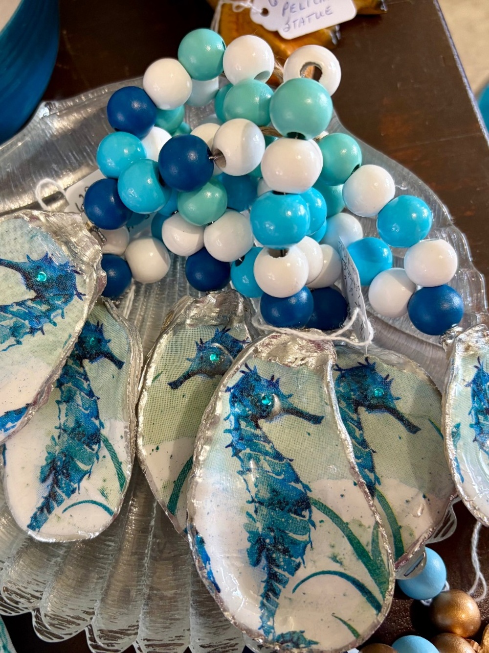 Set of 6 Seahorse Oyster Shell Napkin Rings with Colorful Wood Beads
